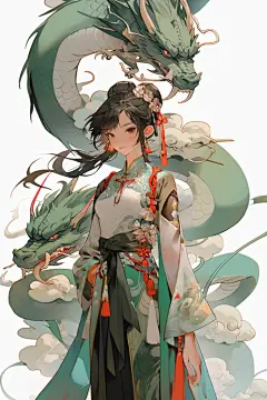 青龙少女绿色古风女孩和龙插画