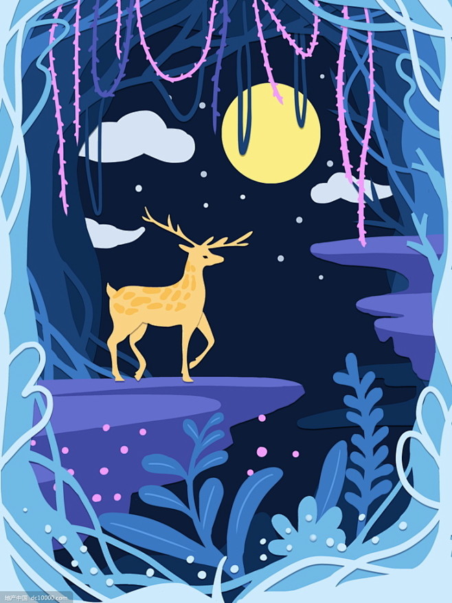 剪纸树林创意麋鹿插图插画