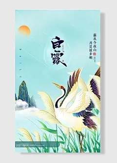露从今夜白月是故乡明二十四节气白露海报 鹤绿色 简约风