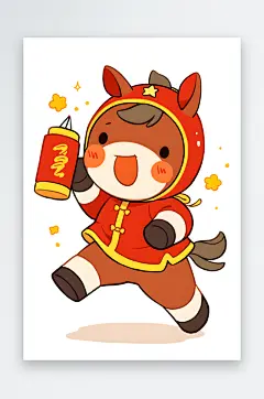灯笼鞭炮2026年扁平化简笔画马年新插画