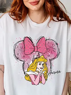 女士 公主奥罗拉和米妮水彩图案t恤-休闲短袖圆领夏季上衣，带闪亮点缀，可机洗， 衬衫