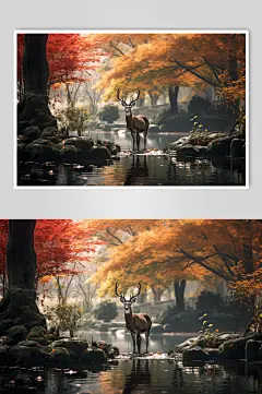 AI数字艺术梅花鹿秋景中的动物摄影图片-众图网