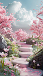 fairy forest with pink flowers on a hill 3D rendering stock photo, in the style of asymmetrical forms, kawaii aesthetic, minimalist stage designs, porcelain, dreamlike architecture, bloomcore, meticulous design
