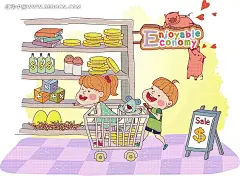 置物架上的商品和购物的男孩女孩卡通画购物|购物车|卡通画|卡通人物|卡通人物图片|漫画人物|男孩|女孩|人物素材|人物图片|商品|矢量人物|小猪|心形|置物架