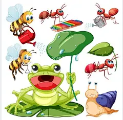 动物手绘小蜜蜂青蛙  - 源文件下载【酷图网】动物手绘,小蜜蜂,青蛙,蜗牛,勤劳的密封,二十四节气,节气元素