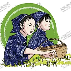 采茶叶人物插画 【酷图网】插画,卡通,人物绘画,采茶叶,场景,手绘风插画