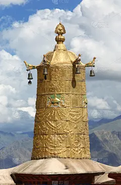黄金,铃,哲蚌寺,垂直画幅,修道院,天空,无人,蓝色,佛塔,屋顶