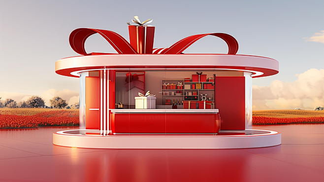 ls7623_A_red_and_white_circular_booth_with_ribbons_and_gift_box ...