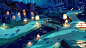 CGwall游戏原画网站_卡通游戏场景设计-静谧的小村庄:小桥流水、房屋、灯光、森林、蓝色
