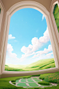 a window through which a green field appears on a white background, in the style of otherworldly illustrations, sky-blue and beige, immersive environments, playful cartoonish illustrations, illusionistic ceiling frescoes, daz3d, richly detailed background