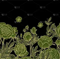 牡丹,玫瑰,花朵。无缝的框架。背景说明。手绘轮廓。园林植物的开花抽象工厂图片。向量