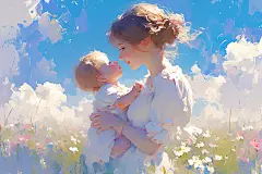 母子拥抱母亲节油画风插画