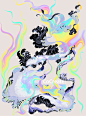 art nouveau hand-drawn holographic moon nudibranch rainbow sea Tropical vaporwave