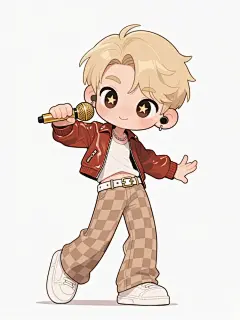 chibi，漫画风，痞帅，高挑，大眼睛，眼睛里有五角星图案，一个男歌星，浅金色时尚头发，穿着棕红色皮夹克，宽大的浅棕色格子裤，白色，白色皮带，白色休闲鞋，面对镜头跳舞，动作夸张，一手拿着金色话筒，萌萌哒，白色背景，Q版卡通绘画风格，线条流畅简洁，可爱化处理、头很大、身体小，手绘插画，全身镜头