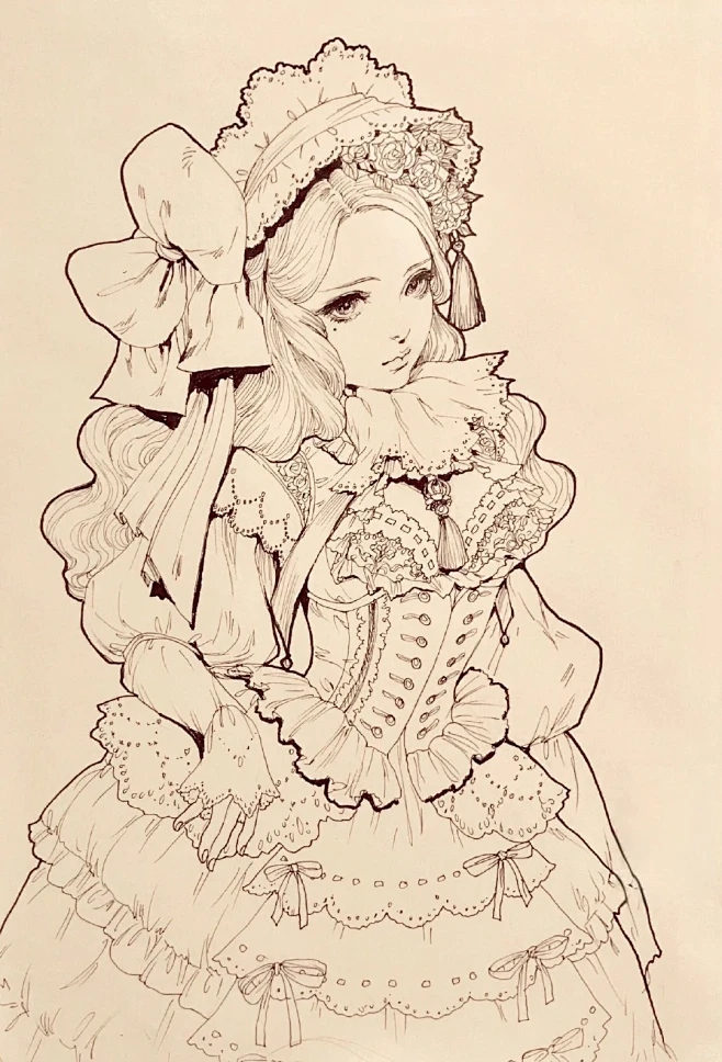 复古精致的少女手绘线稿