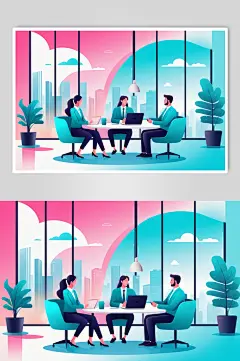 AI数字艺术扁平风商务办公场景插画-众图网