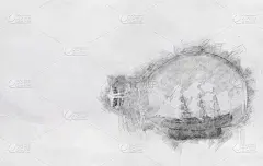 瓶中船的抽象背景。铅笔素描风格。黑色和白色