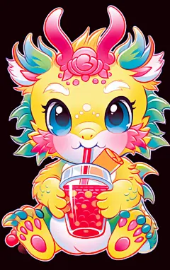 可爱卡通龙喝奶茶的中国龙元素图