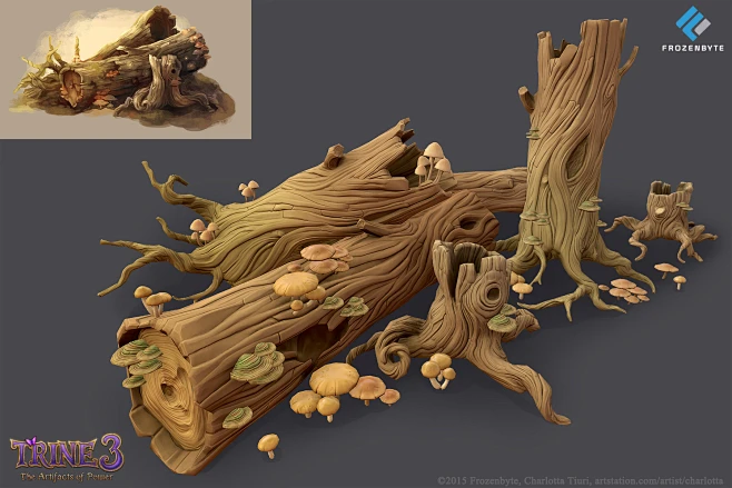 Concept sketch and finished low poly model of some tree trunks, stumps ...