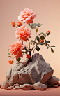 pink roses in an arrangement surrounded by rocks on a pink background, in the style of decadent graphic designer, light orange, nature-inspired installations, rubens, soft-focus, #myportfolio, lush detailing