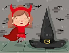 女孩,墙,恶魔,女巫,性格,红色,可爱的,小的,有角的,幸福