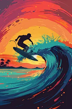 AI数字艺术扁平化夏季海滩冲浪运动插画-众图网