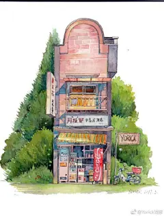 #钢笔淡彩##水彩##插画##手帐# 一组扫描版的钢笔淡彩小建筑～ ​