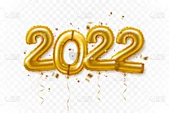 2022年新年快乐。金箔气球与丝带和落下的五彩纸屑在现实的3d风格。在透明背景上隔离。非常适合制作贺