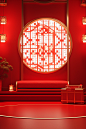 Red oriental oriental room with golden frame and red floor, in the style of luminous 3d objects, playful geometrics, xmaspunk, light red and white, joong keun lee, contest winner, festive atmosphere