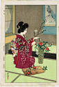 Ukiyoe japonés, Shin hanga, impresión, antiguo de madera, Kasamatsu Shiro, "Arreglo floral"