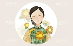 赏花的女子  - 源文件下载【酷图网】女子,赏花,漫画,民国风,中国韵味,元素,陶醉,