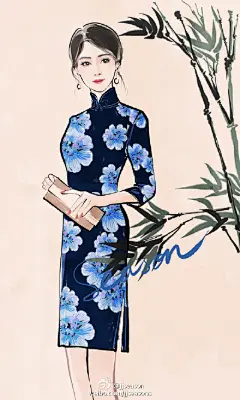 #jjseason插画# #jjseason原创设计# #season时装插画# ----- 古典优雅旗袍美女 ​
