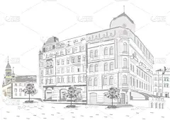 一系列的背景装饰着鲜花,古老的城镇景色和街边咖啡馆.手绘矢量建筑背景. 