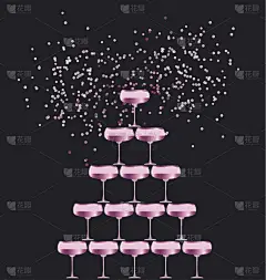 玫瑰闪闪发光香槟玻璃金字塔平面矢量图在黑色背景上。喜庆的婚礼酒杯塔设计的海报、 邀请和卡.