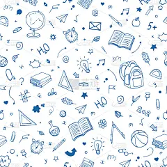 无缝图案的涂鸦学校用品与细手绘线。回到学校背景。回学校超级购物，大甩卖。矢量图