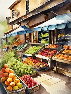 AI数字艺术美食水果店场景水彩插画-众图网