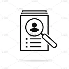 Curiculum个人简历的迹象。用放大镜和照片配置文件的堆栈。招聘工作。