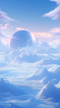 Large clouds and the area is snowy, in the style of digital fantasy landscapes, high detail, tranquil serenity, bryce 3d, alien worlds, light blue, high resolution