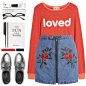 A fashion look from August 2017 featuring red sweatshirt, knee length denim skirt and leather lace up shoes. Browse and shop related looks.