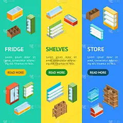 超市元素旗帜垂直集等距视图。向量