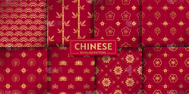 中国无缝模式。向量集。花卉，海洋几何图案