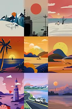 扁平风插画合集·治愈系落日余晖享受美景 - 小红书