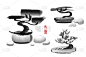 一套手绘的日式水墨画松树盆景。图像包含象形文字“爱”和“运气”。插图孤立在白色背景上。