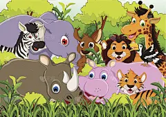 可爱的动物卡通与热带森林背景