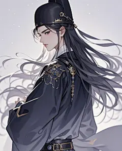 国风插画男子长发披肩垂直连帽长袍