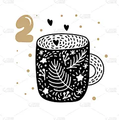 来临日历与可爱的斯堪的纳维亚手画向量。圣诞节前24天。第二天。冬季杯与心的插图
