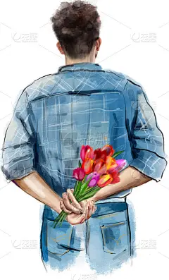 一个男人背后捧着一束郁金香的水彩画。海报设计。业务设计。节日的背景,海报。名片