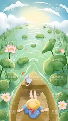 夏至插画  - 源文件下载【酷图网】夏至,荷花,小船,荷叶,金鱼,psd