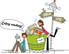 时尚简笔插画-看书的男孩和女孩