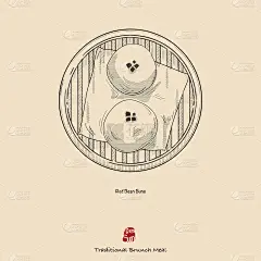 手绘矢量点心插图，红豆馒头。复古风格的设计。由单色的半色调点和线绘制，易于在不同颜色的背景上使用。